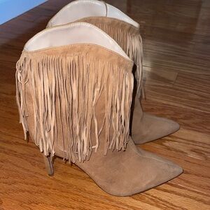 Schutz Desert Fringe Booties Tan Brown Suede
